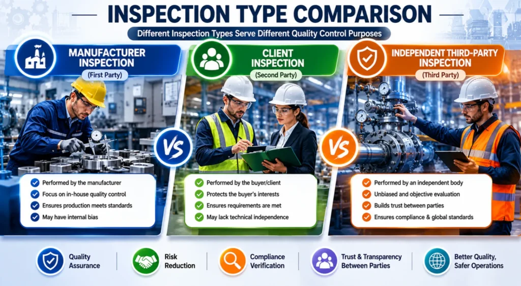 Different inspection types serve different quality control purposes. Comparison of first second and third party inspection types