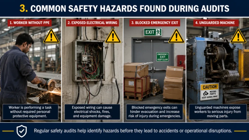 Common Workplace Safety Hazards Found During Audits Industrial workplace showing common safety hazards such as missing PPE, exposed wiring, blocked emergency exits, and unsafe machinery.
