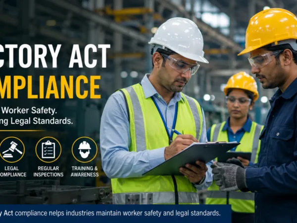 Factory workers following industrial safety compliance standards in India