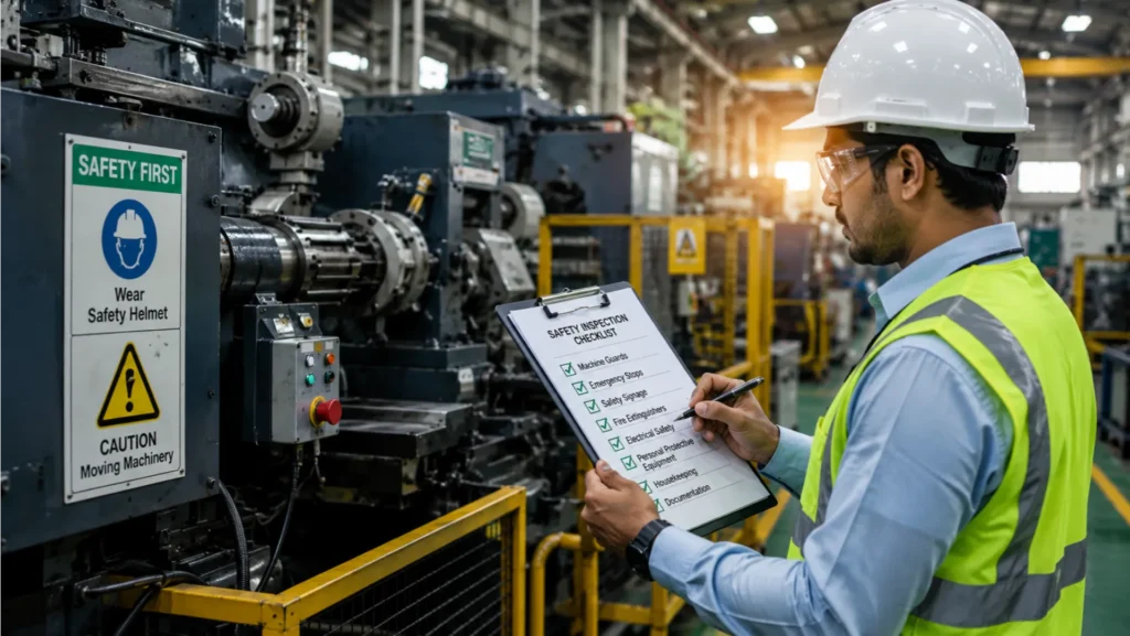 Industrial Safety Inspection Process Factory safety officer inspecting industrial machinery for compliance