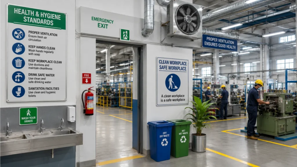 Clean industrial workplace with proper ventilation and hygiene systems