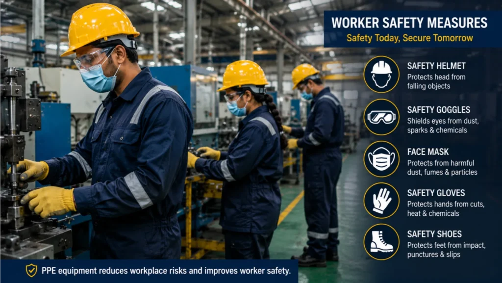 PPE Safety Equipment for Factory Workers Industrial workers wearing PPE equipment inside factory
