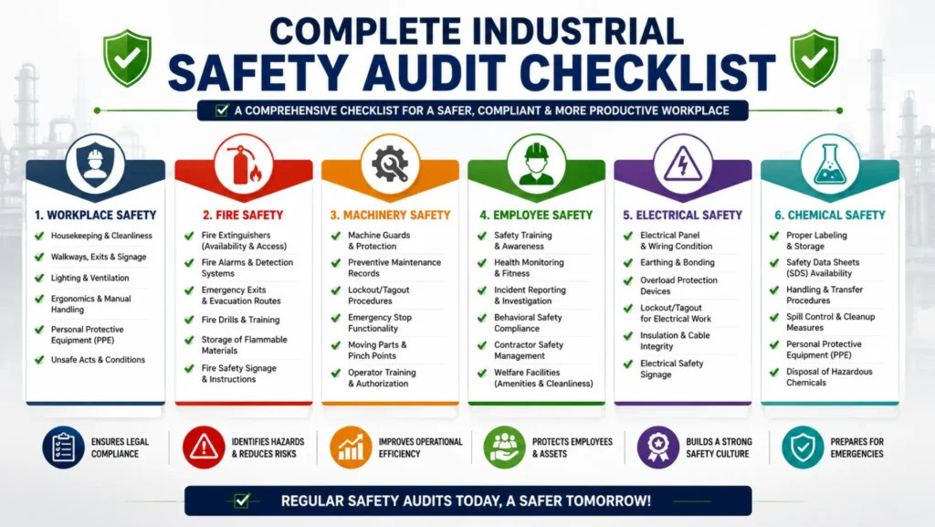 Complete Industrial Safety Audit Checklist Industrial safety audit checklist infographic covering workplace, fire, machinery, electrical, and employee safety inspections.