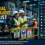 Industrial safety officers conducting a workplace safety audit using a compliance checklist in a manufacturing facility.