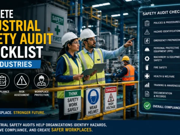 Industrial safety officers conducting a workplace safety audit using a compliance checklist in a manufacturing facility.