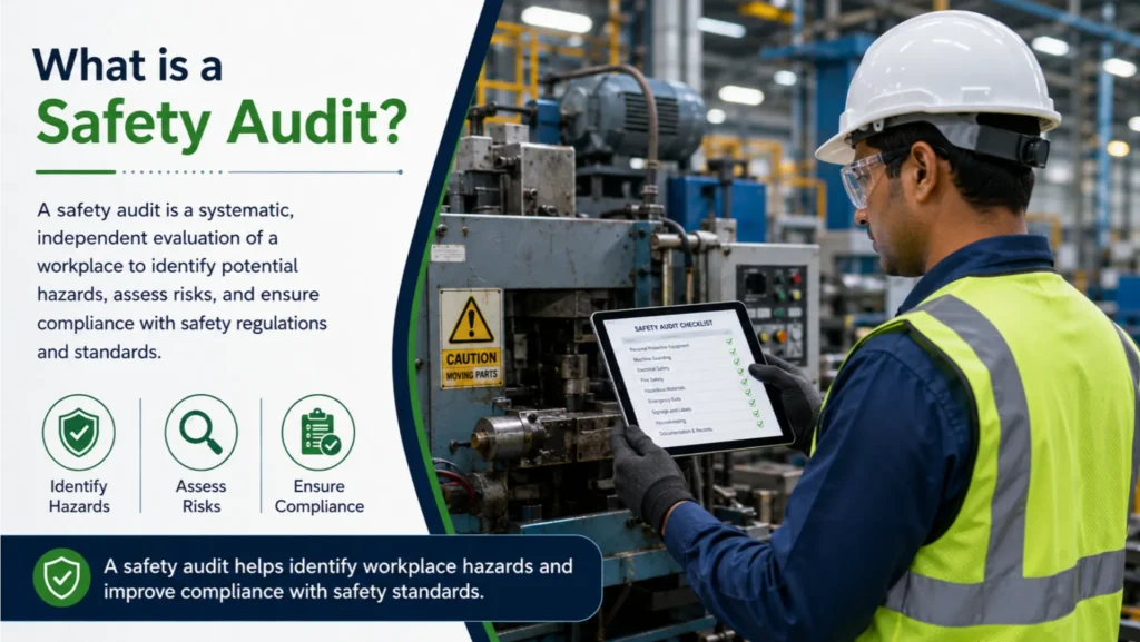 Industrial Safety Audit Inspection in Manufacturing Plant Safety auditor inspecting industrial machinery and workplace conditions during a safety audit.