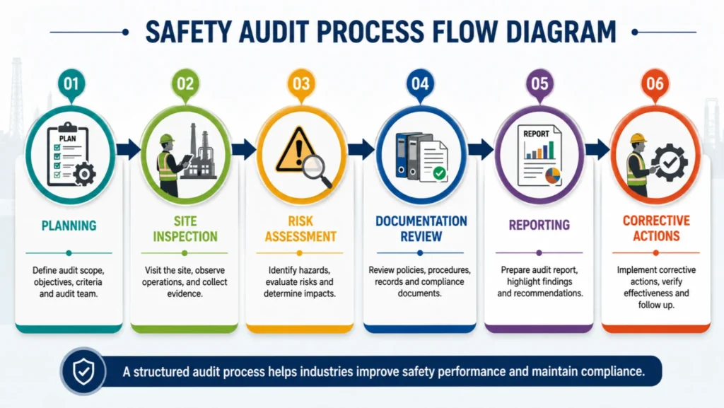 Industrial Safety Audit Process Guide Industrial safety audit process flowchart showing planning, inspection, risk assessment, reporting, and corrective actions.