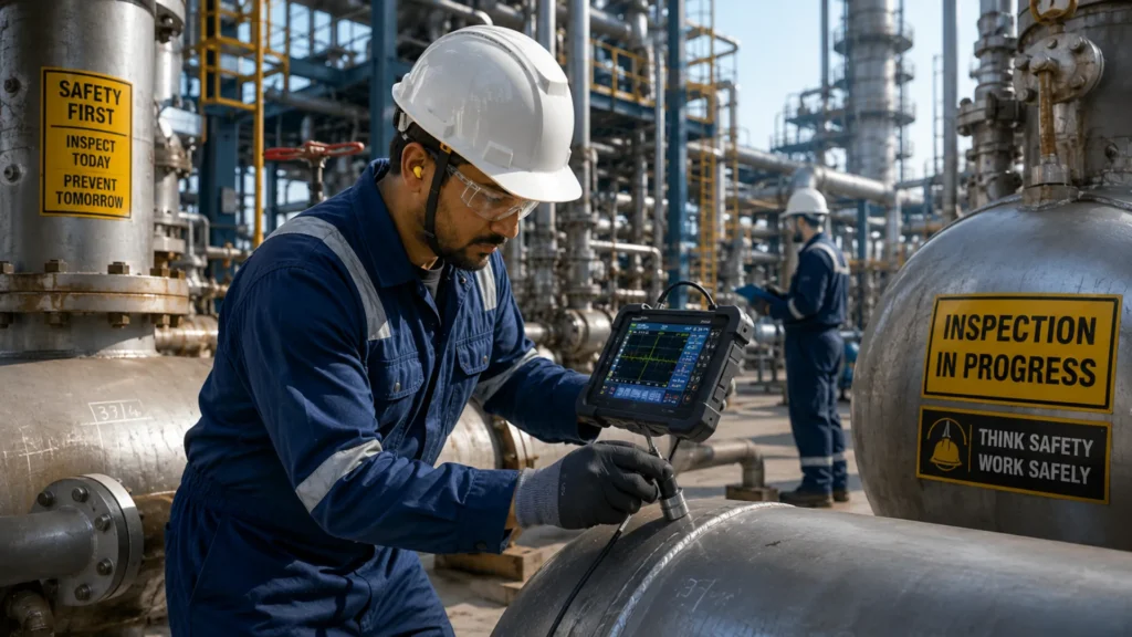 Ultrasonic Testing UT Inspection Ultrasonic Systematic NDT testing on industrial weld