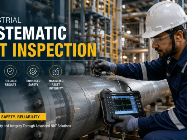 Engineer performing Systematic NDT testing on industrial pipeline