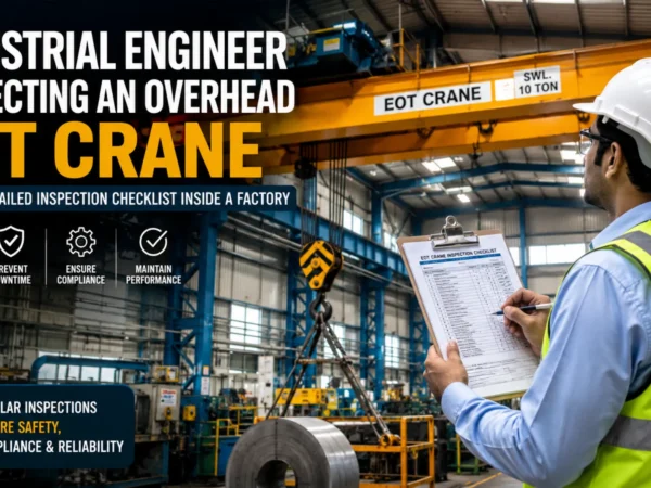 Professional engineer performing an annual EOT crane inspection inside an industrial manufacturing facility