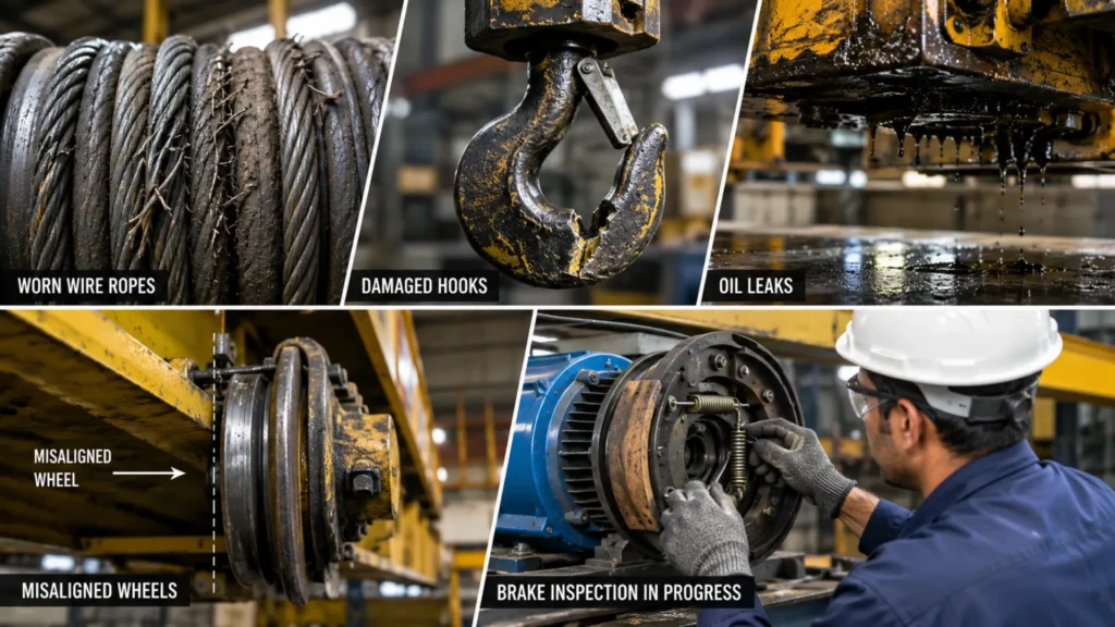 Technician performing a daily EOT crane inspection checklist on hook wire rope and hoist