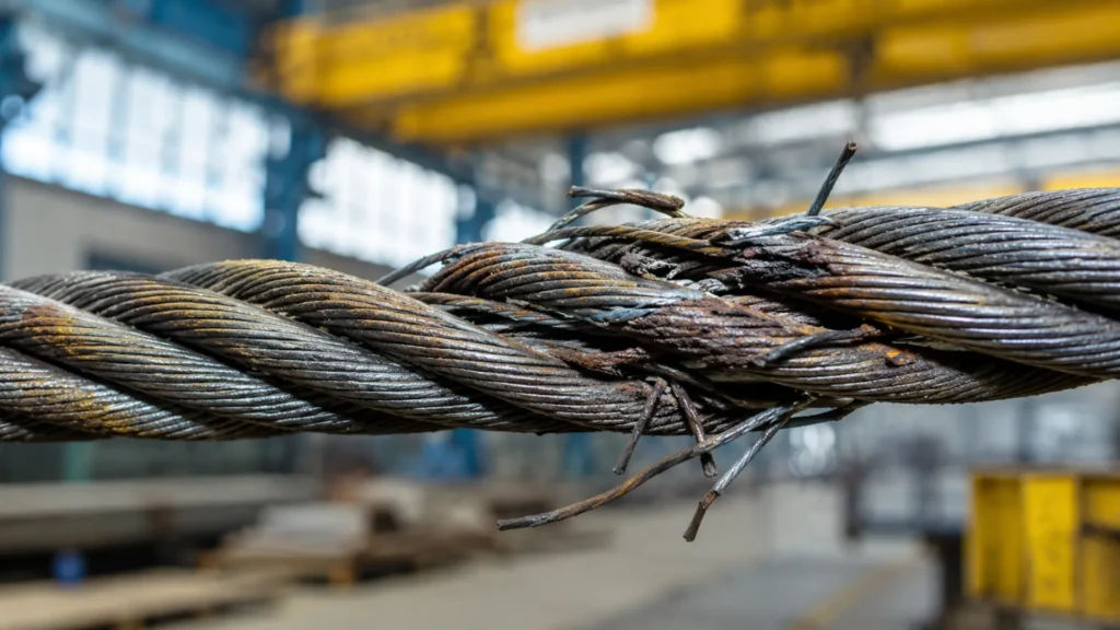 Broken wire rope with corrosion and worn strands found during an annual crane inspection