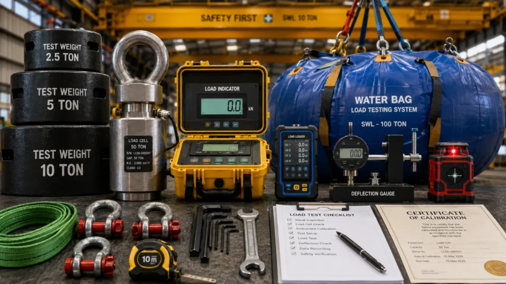 Certified EOT crane load testing equipment including load cells, test weights, and measuring instruments