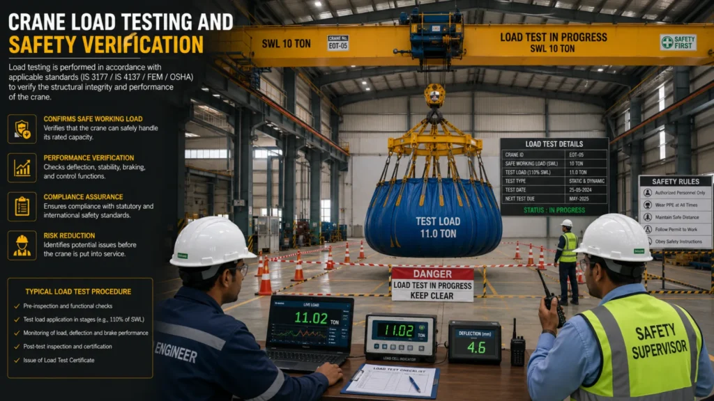 EOT crane load testing with certified test weights and measuring instrument