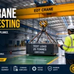EOT crane load testing in an industrial facility using certified test weights and safety inspectors