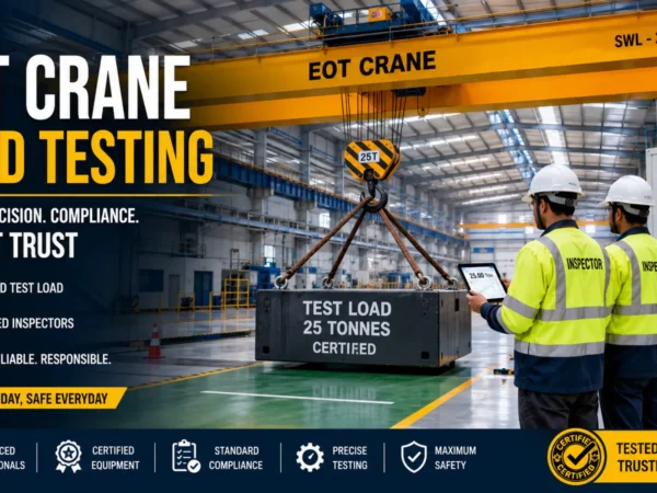 EOT crane load testing in an industrial facility using certified test weights and safety inspectors