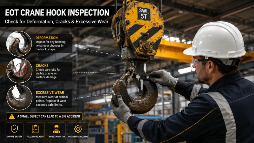Inspector checking an overhead crane hook for cracks, deformation, and excessive wear