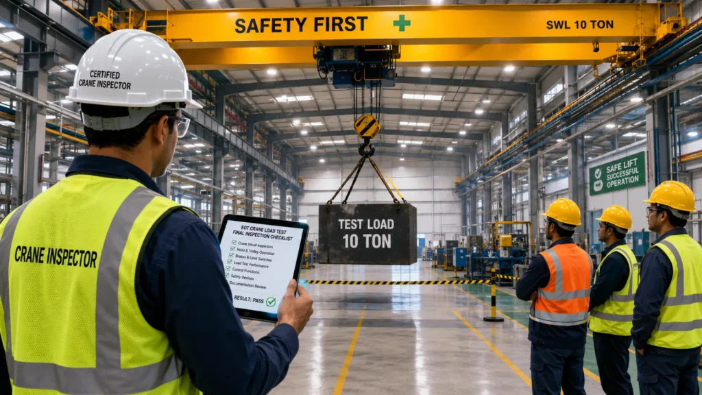 Certified inspector completing EOT crane load testing and issuing safety compliance certification