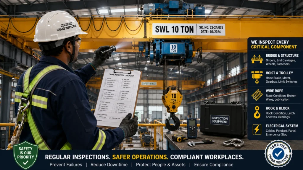 Certified inspector performing EOT crane inspection according to Factory Act safety regulations