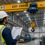 Alt Text EOT crane inspection checklist being performed by an engineer inside an industrial manufacturing facility