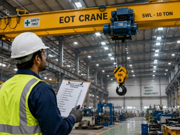 Alt Text EOT crane inspection checklist being performed by an engineer inside an industrial manufacturing facility