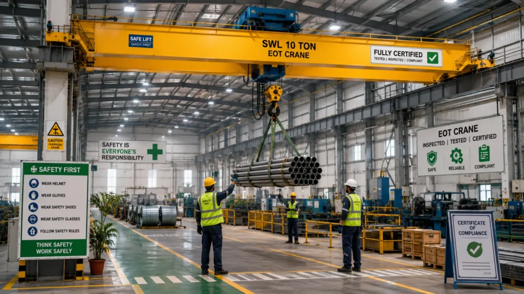 Safe industrial workplace with fully inspected EOT crane operating under Factory Act compliance