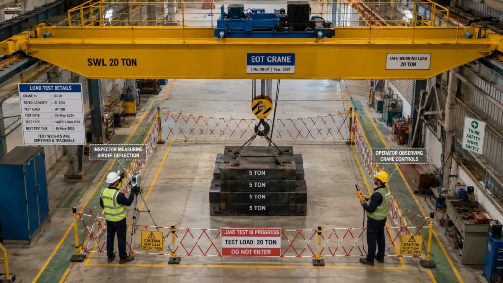 Inspector performing static load testing on an EOT crane using certified test weights
