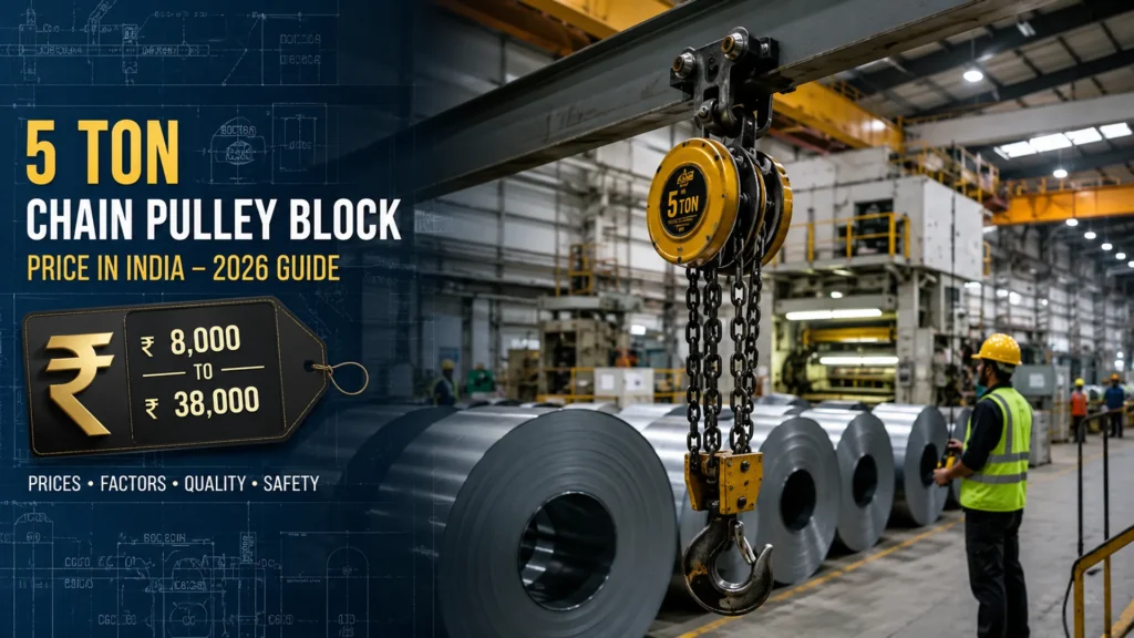 Heavy-duty 5 ton manual chain pulley block installed on a steel beam inside an industrial warehouse in India.