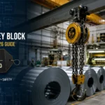 Heavy-duty 5 ton manual chain pulley block installed on a steel beam inside an industrial warehouse in India.