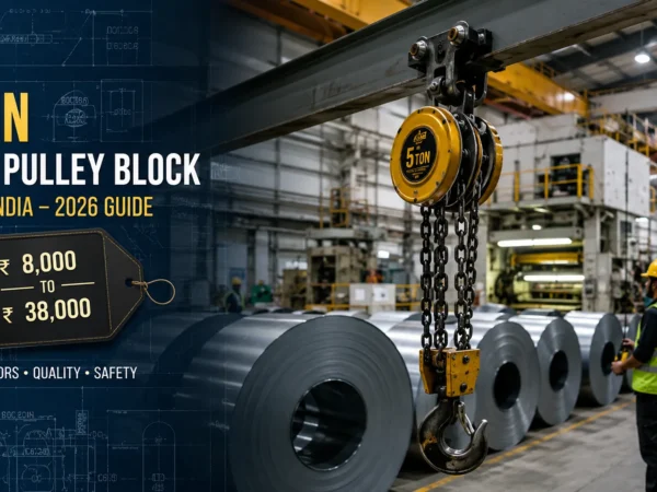Heavy-duty 5 ton manual chain pulley block installed on a steel beam inside an industrial warehouse in India.