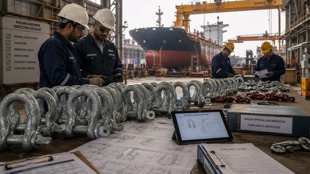 Forged galvanized D shackles prepared for bulk procurement inside a modern shipyard with cargo vessel construction and heavy lifting equipment in the background.