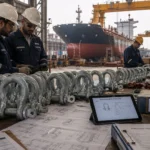 Forged galvanized D shackles prepared for bulk procurement inside a modern shipyard with cargo vessel construction and heavy lifting equipment in the background.