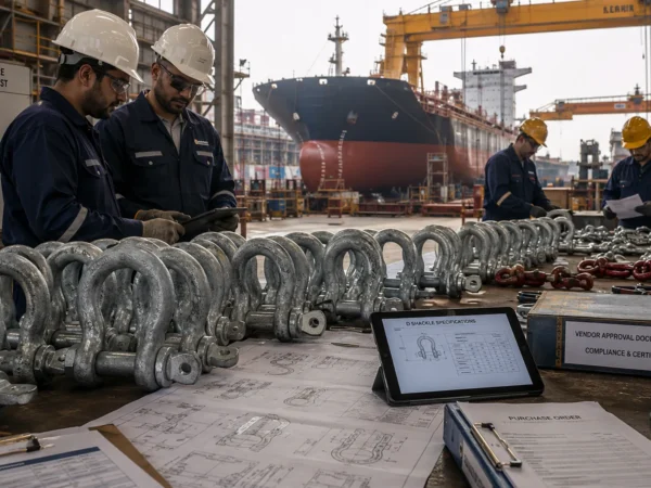 Forged galvanized D shackles prepared for bulk procurement inside a modern shipyard with cargo vessel construction and heavy lifting equipment in the background.