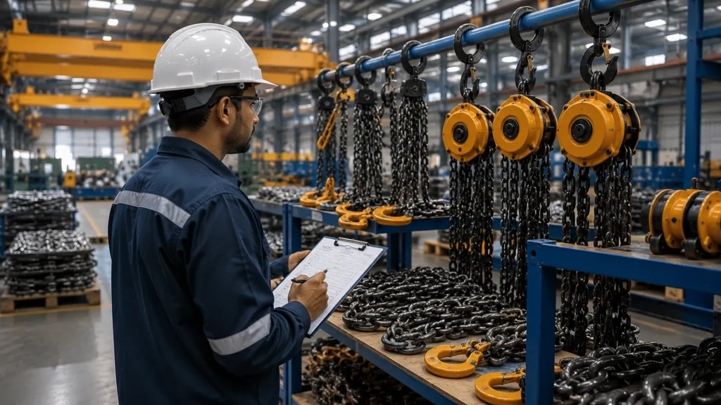 Industrial inspector checking certified lifting chains and chain pulley blocks