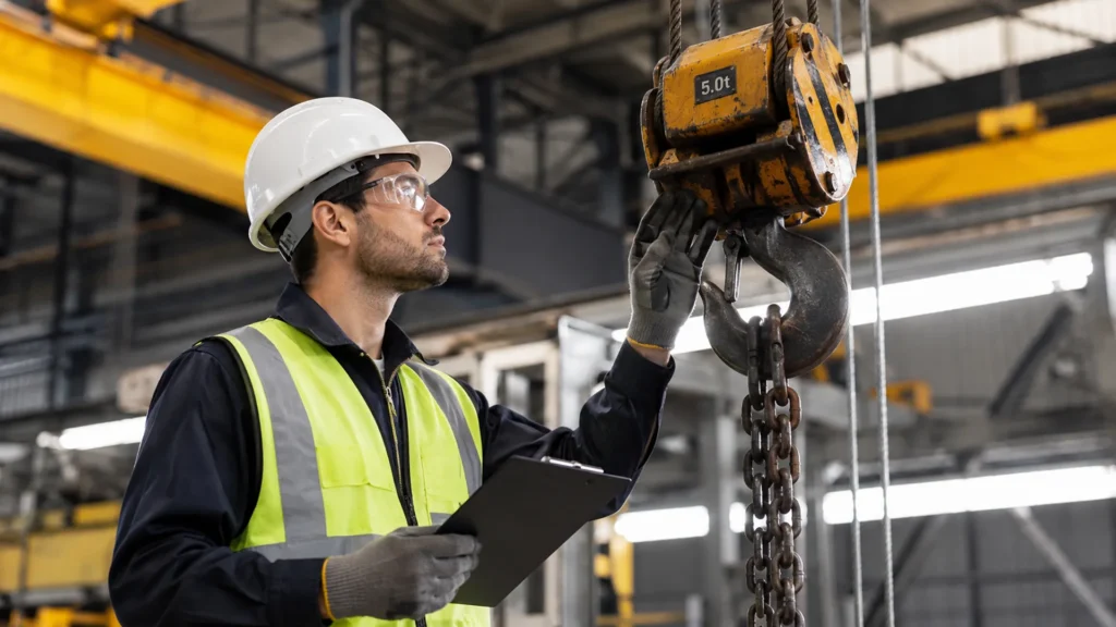 Professional competent person inspector performing third-party lifting equipment inspection, conducting load test on industrial hoist while wearing safety equipment and high-visibility vest