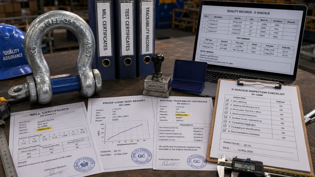 Forged D shackle inspected alongside mill certificates, proof load reports and material traceability documents for shipyard quality assurance.