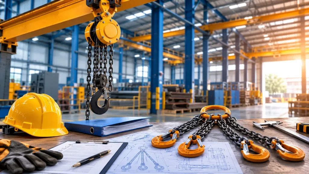 IS 3832 certified chain pulley block and industrial chain sling inside a manufacturing facility