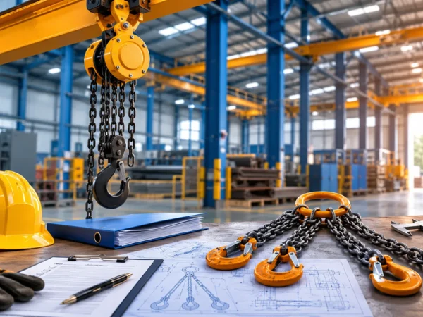 IS 3832 certified chain pulley block and industrial chain sling inside a manufacturing facility