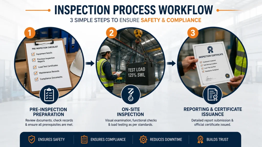 Three-step lifting equipment inspection workflow: step 1 pre-inspection preparation with documentation review, step 2 on-site inspection with load testing and functional checks, step 3 reporting and certificate issuance by accredited inspector