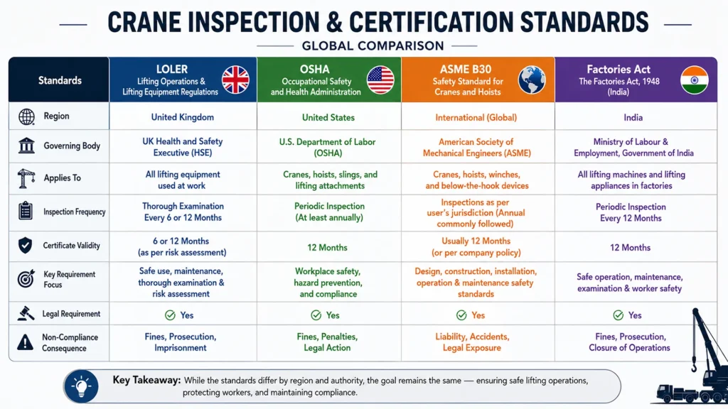 Comparison table of global lifting equipment inspection standards: LOLER (UK/EU), OSHA/ASME B30 (USA), Factories Act 1948 (India), and LEEA standards by inspection frequency and certificate validity