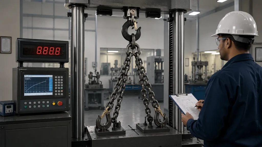 Industrial proof load testing of alloy chain sling in certified laboratory
