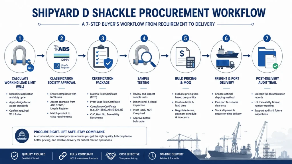 Infographic illustrating the seven-step procurement workflow for bulk D shackles used in shipyard lifting operations.