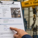 Third-party inspection certificate for lifting equipment displayed on clipboard showing safe working load, accreditation number, inspector signature, and inspection date