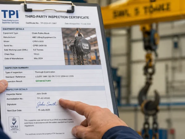 Third-party inspection certificate for lifting equipment displayed on clipboard showing safe working load, accreditation number, inspector signature, and inspection date