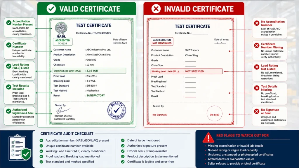 Checklist comparison: valid third-party inspection certificate shows accreditation number, load rating listed, current inspection date, authorized signature versus invalid certificate with missing accreditation number, no load rating, expired validity, unsigned or unstamped document