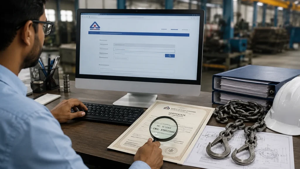Engineer verifying BIS certification for industrial lifting equipment supplier