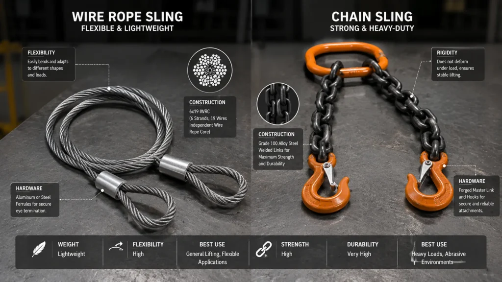 "Side-by-side comparison of wire rope sling and chain sling showing construction and flexibility differences