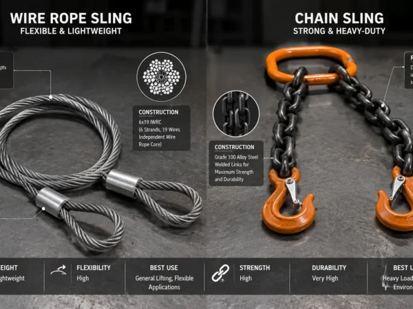 "Side-by-side comparison of wire rope sling and chain sling showing construction and flexibility differences