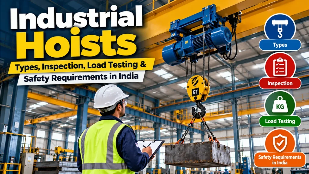Industrial hoist lifting a heavy load in a factory for inspection and load testing