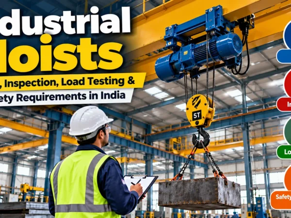 Industrial hoist lifting a heavy load in a factory for inspection and load testing